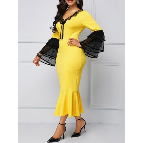 V-Neck Ankle-Length Long Sleeve Bodycon Pullover Dresses