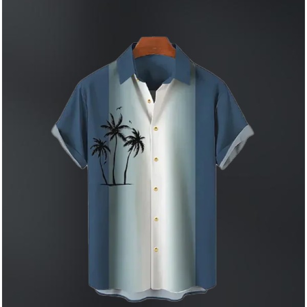 Men's Summer Vintage Geometric Hawaiian Beach Print Short Sleeve Shirt