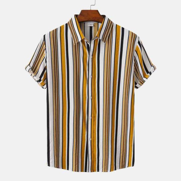 New Men's Hawaiian Beach Shirts Casual Cotton Stripes Print Short