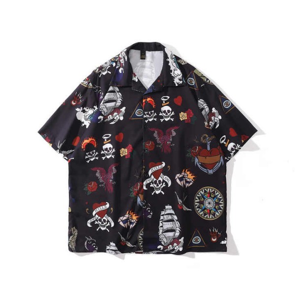 Skull Print Short Sleeved Hawaiian Shirt Men's Beach Set Button Letters