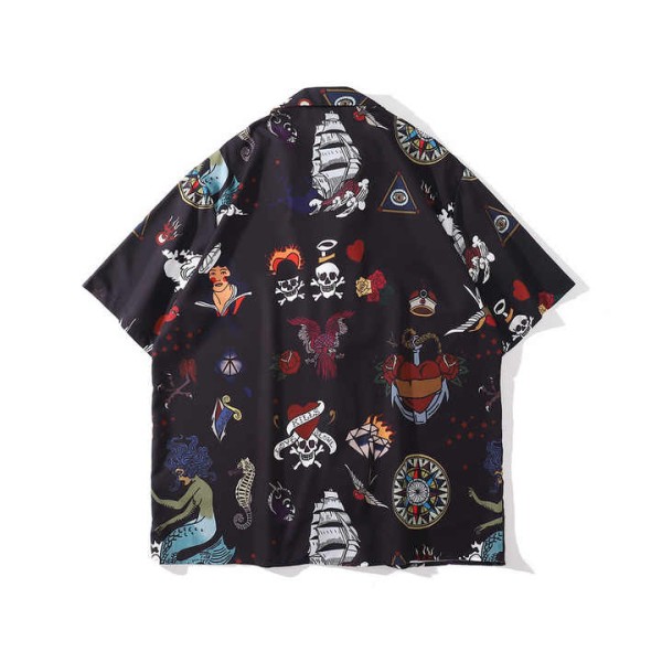 Skull Print Short Sleeved Hawaiian Shirt Men's Beach Set Button Letters