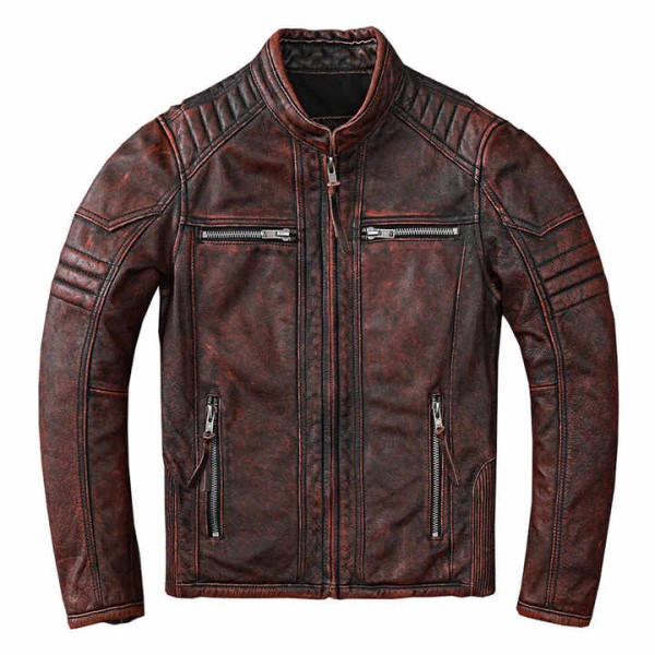 Distressed Vintage Men's Leather Jacket Top Cowhide Genuine Leather Coat