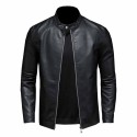 Men's Winter Moto Biker Leather Coat Slim Jacket with Stand Collar Casual Style
