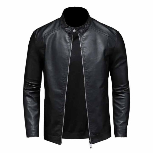 Men's Winter Moto Biker Leather Coat Slim Jacket with Stand Collar Casual Style