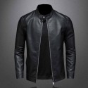 Men's Winter Moto Biker Leather Coat Slim Jacket with Stand Collar Casual Style
