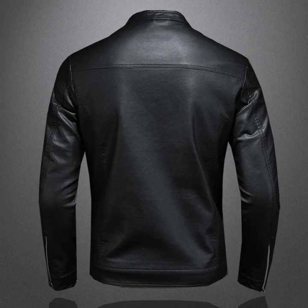 Men's Winter Moto Biker Leather Coat Slim Jacket with Stand Collar Casual Style