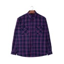 Square Collar Men'S Plaid Shirt Purple Long Sleeve Button