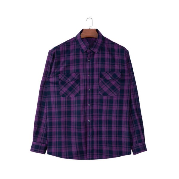 Square Collar Men'S Plaid Shirt Purple Long Sleeve Button