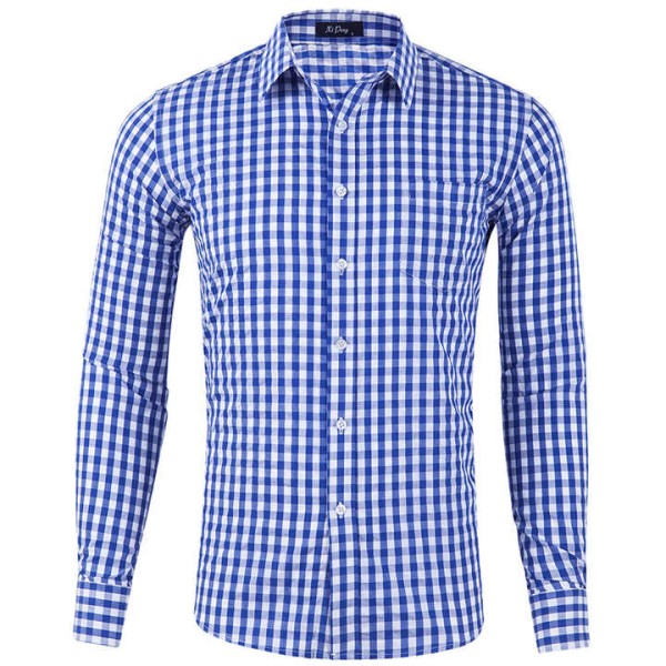 Men's Cotton Lapel Long-sleeved Shirt Casual Small Plaid Long-sleeved Shirt