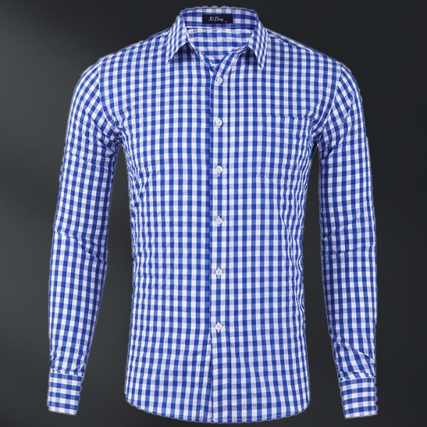 Men's Cotton Lapel Long-sleeved Shirt Casual Small Plaid Long-sleeved Shirt