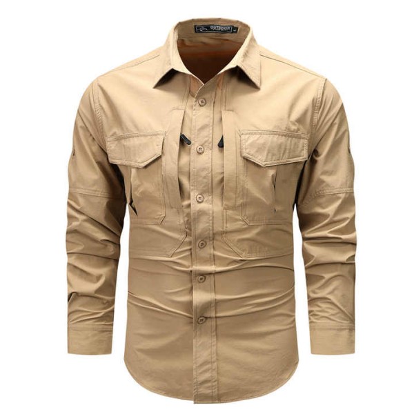 Men's Casual Cargo Long Sleeve Shirt Quick-Dry Non-Iron Slim