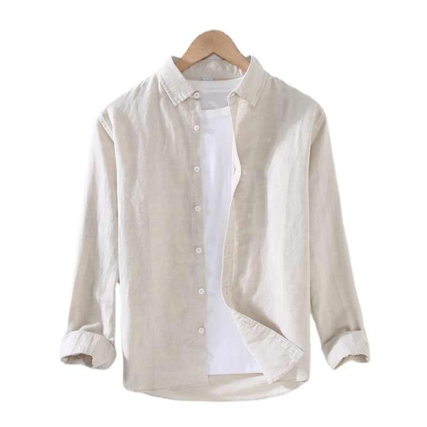 Men's Business Casual Cotton Linen White Long Sleeve Shirt