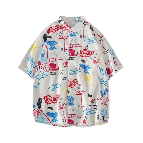 Hawaiian Beach Print Loose Couple Shirt Men's Short Sleeved Casual Cool Trendy Shirt