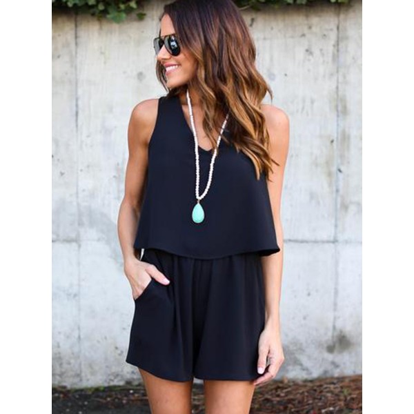 V-Neck Plain Backless Chiffon Rompers