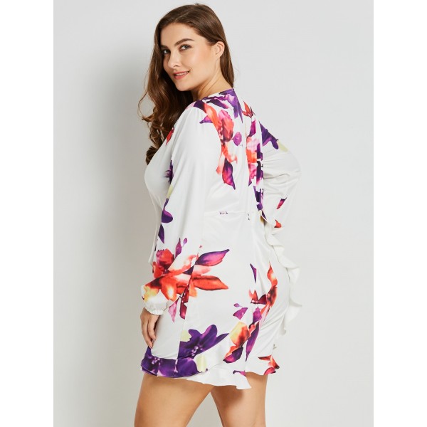 Plus Size V-Neck Floral Print Falbala Rompers