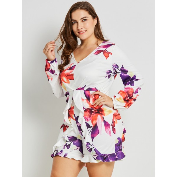 Plus Size V-Neck Floral Print Falbala Rompers