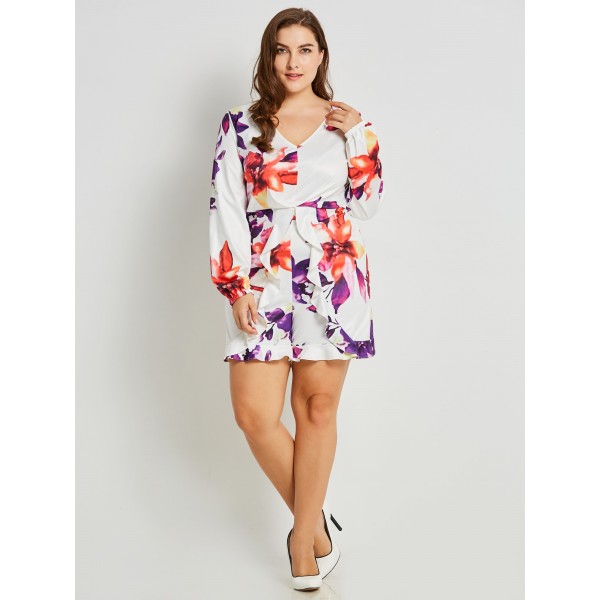 Plus Size V-Neck Floral Print Falbala Rompers