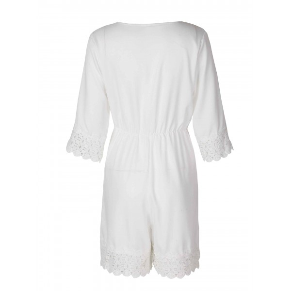 Lace Hem V-Neck Plain Rompers