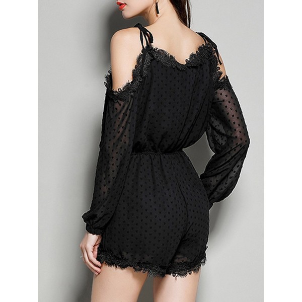 Lace Insert Plain Cold Shoulder Rompers