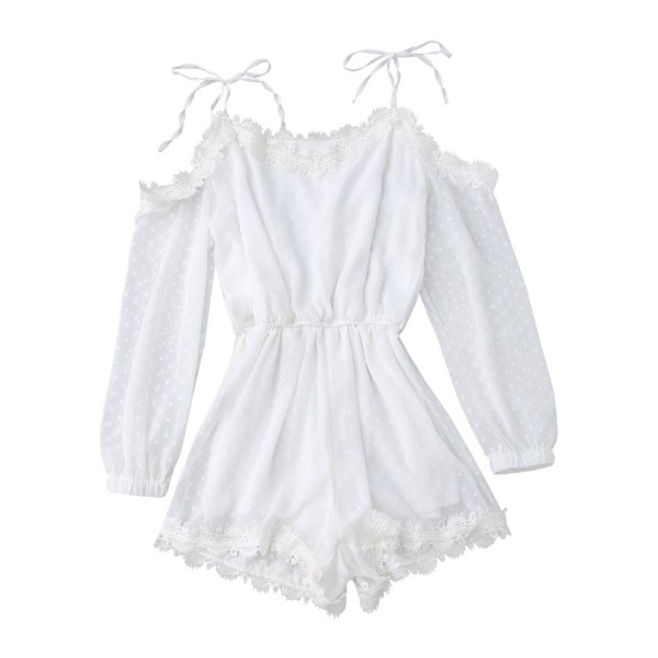 Lace Insert Plain Cold Shoulder Rompers