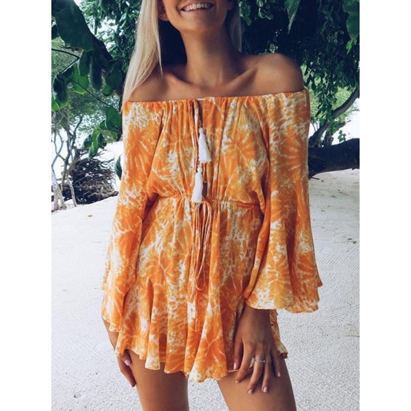 Bell Sleeve Lace-Up Slash Neck Rompers