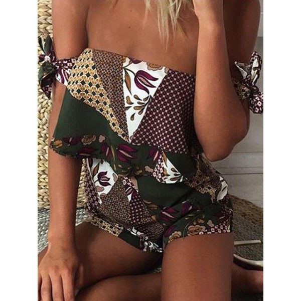 Bowknot Print Lace-Up Rompers