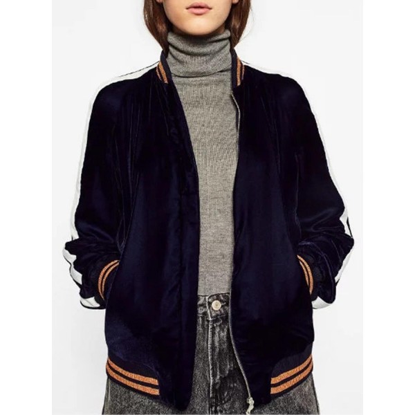 Zipper Stand Collar Loose Pocket Color Block Women's Jacket