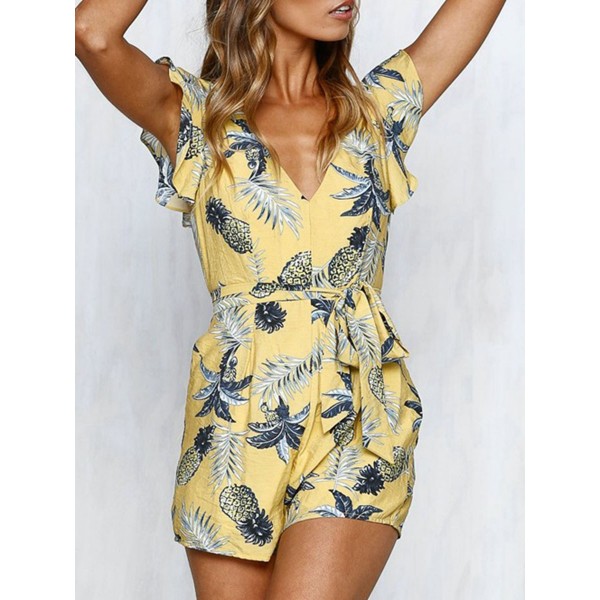 Falbala Lace-Up V-Neck Print Women's Rompers