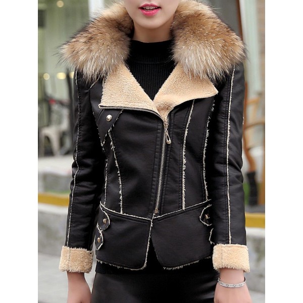 Flocking Zipper Slim Lapel Patchwork Women's PU Jacket