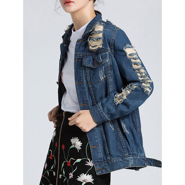 Button Denim Lapel Worn Women's Jacket