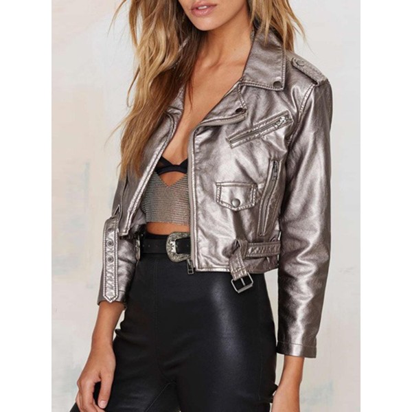 Short Silky Zipper Lapel Cool Women's Jacket