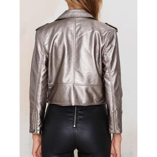 Short Silky Zipper Lapel Cool Women's Jacket