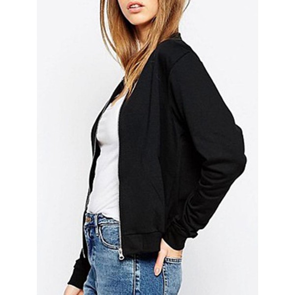 Simple Pocket Plain Round Neck Zipper Women's Jacket