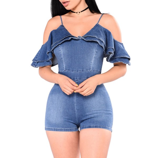 Sheath Falbala Strap Off The Shoulder Women's Denim Rompers