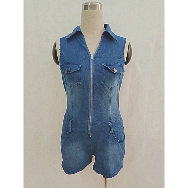 Zipper Lapel V-Neck Pocket Women's Denim Rompers