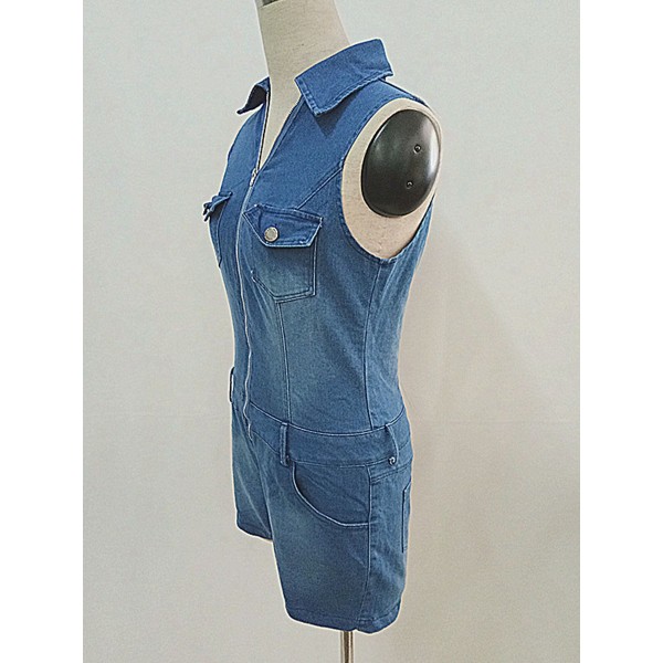 Zipper Lapel V-Neck Pocket Women's Denim Rompers