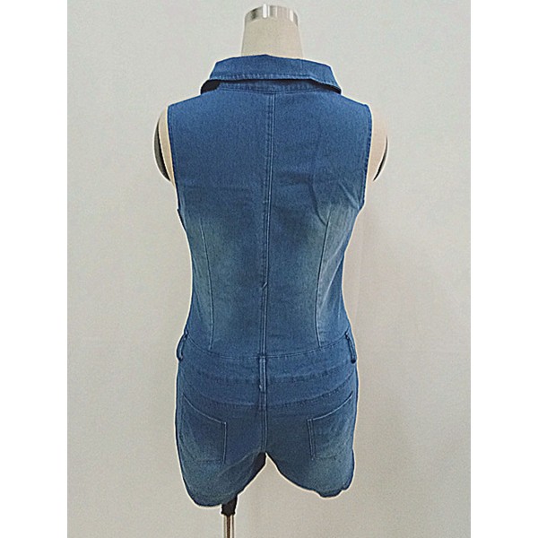 Zipper Lapel V-Neck Pocket Women's Denim Rompers