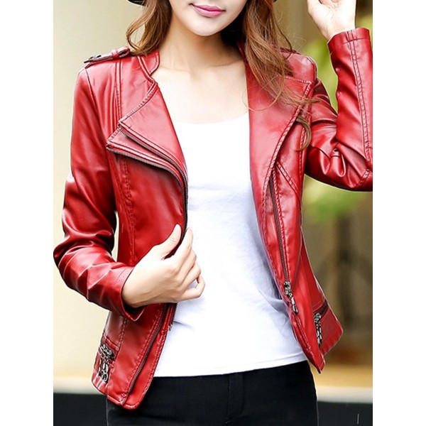 Slim Plain Lapel Buckle Women's PU Jacket