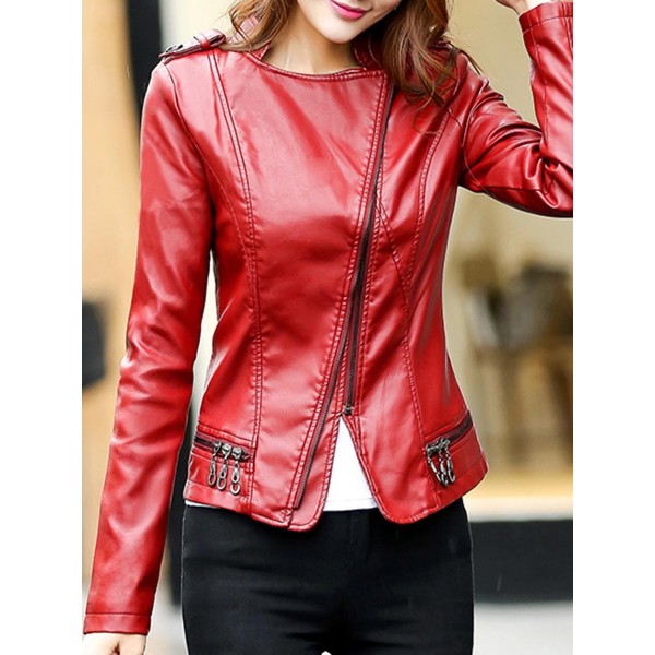 Slim Plain Lapel Buckle Women's PU Jacket