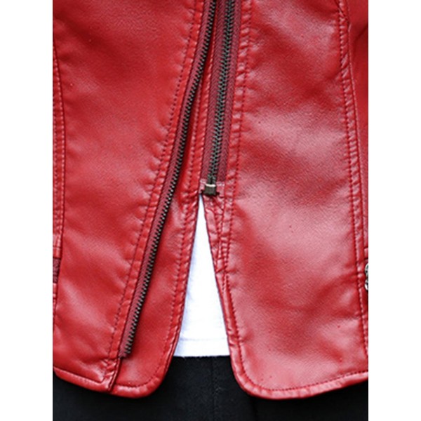 Slim Plain Lapel Buckle Women's PU Jacket