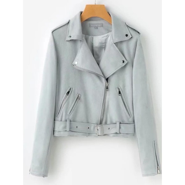 Zipper Lapel Short Belted Women's PU Jacket