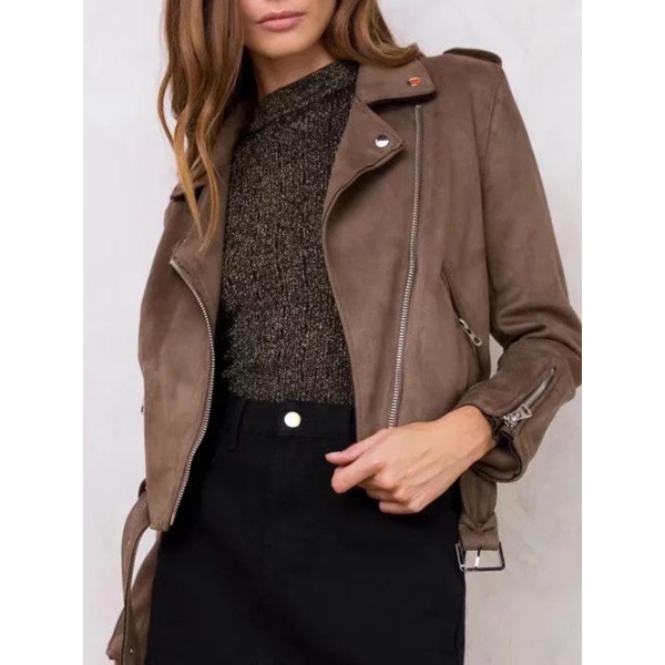 Zipper Lapel Short Belted Women's PU Jacket