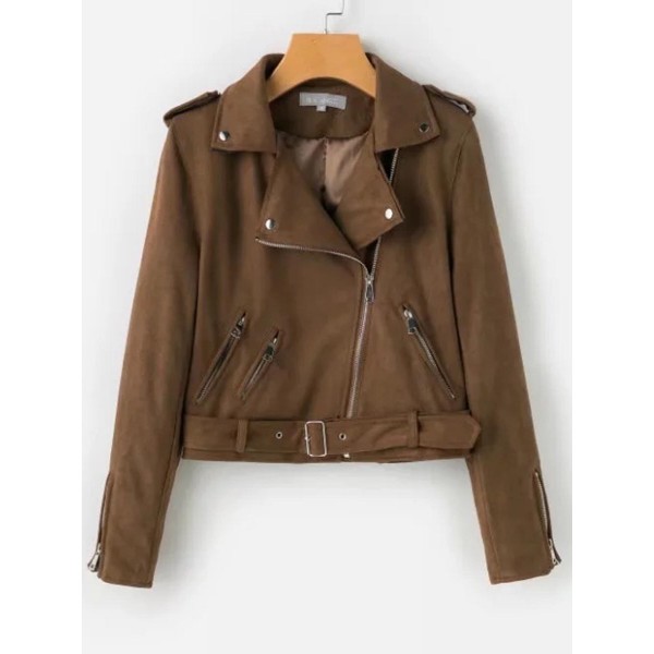 Zipper Lapel Short Belted Women's PU Jacket