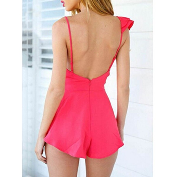 Plain Falbala V-Neck Women's Rompers