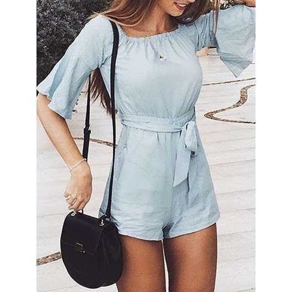 lace-Up Plain Bell Sleeve Women's Rompers