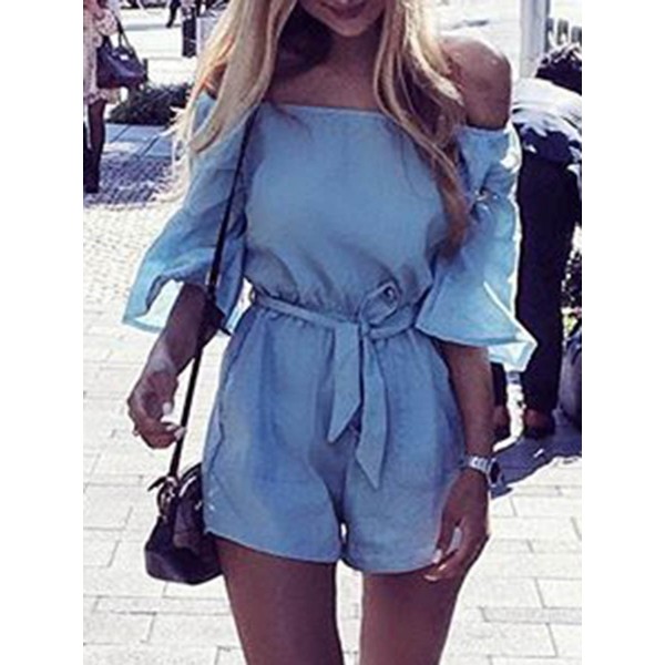 lace-Up Plain Bell Sleeve Women's Rompers