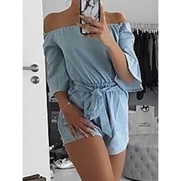 lace-Up Plain Bell Sleeve Women's Rompers