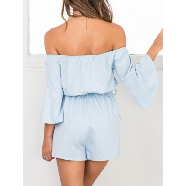 lace-Up Plain Bell Sleeve Women's Rompers