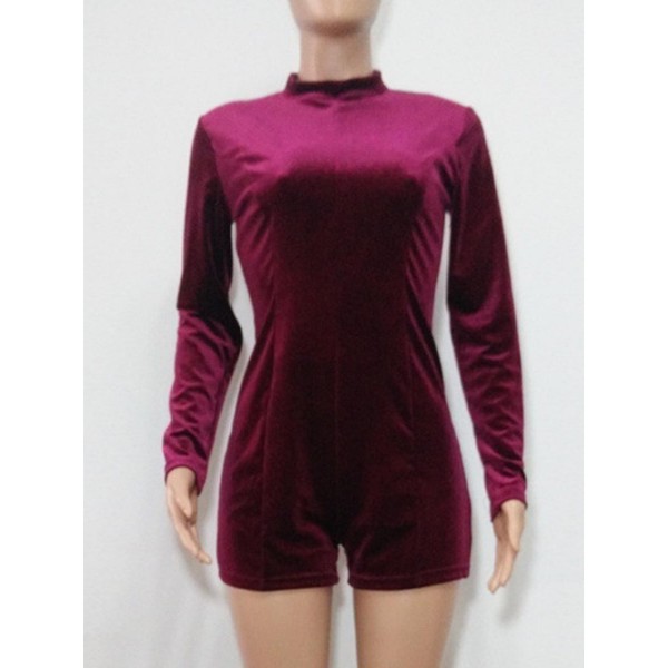 Stand Collar Plain Zipper Slim Women's Rompers