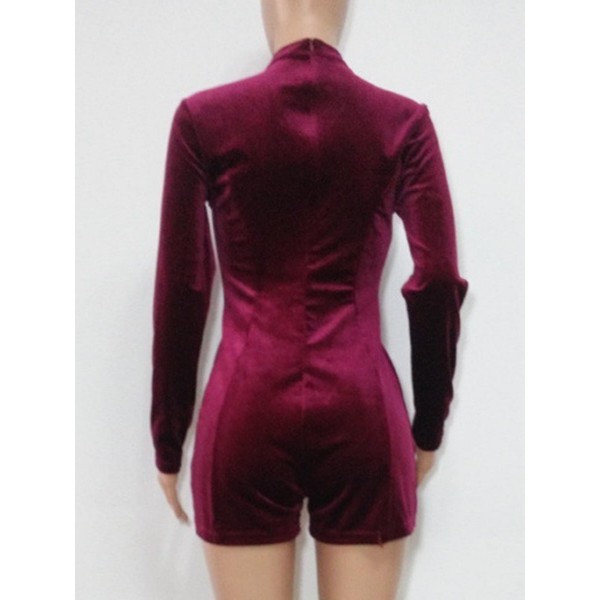 Stand Collar Plain Zipper Slim Women's Rompers